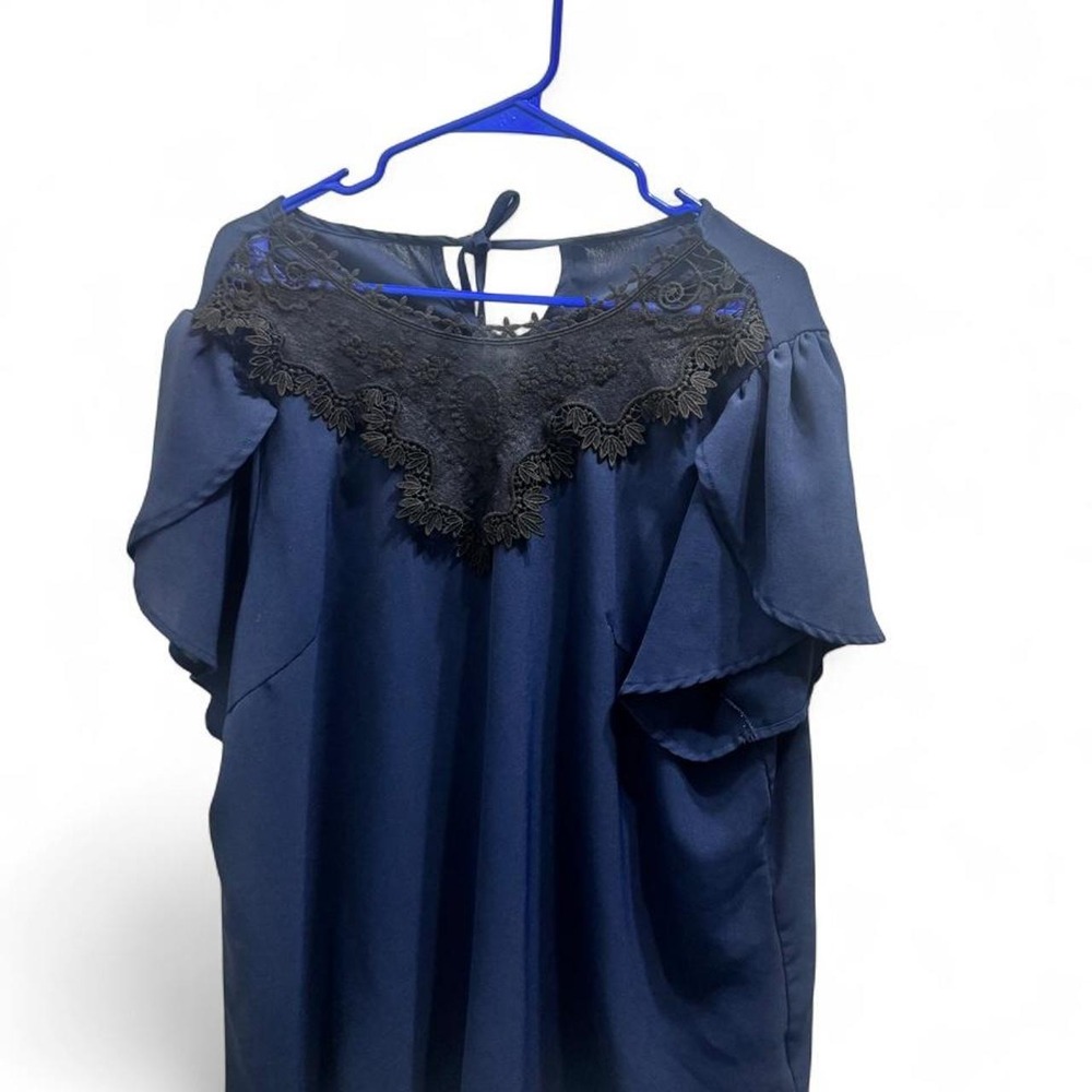 SHEIN Curve Navy Blue Lace Neck Flutter Sleeve Blouse Womens 2X